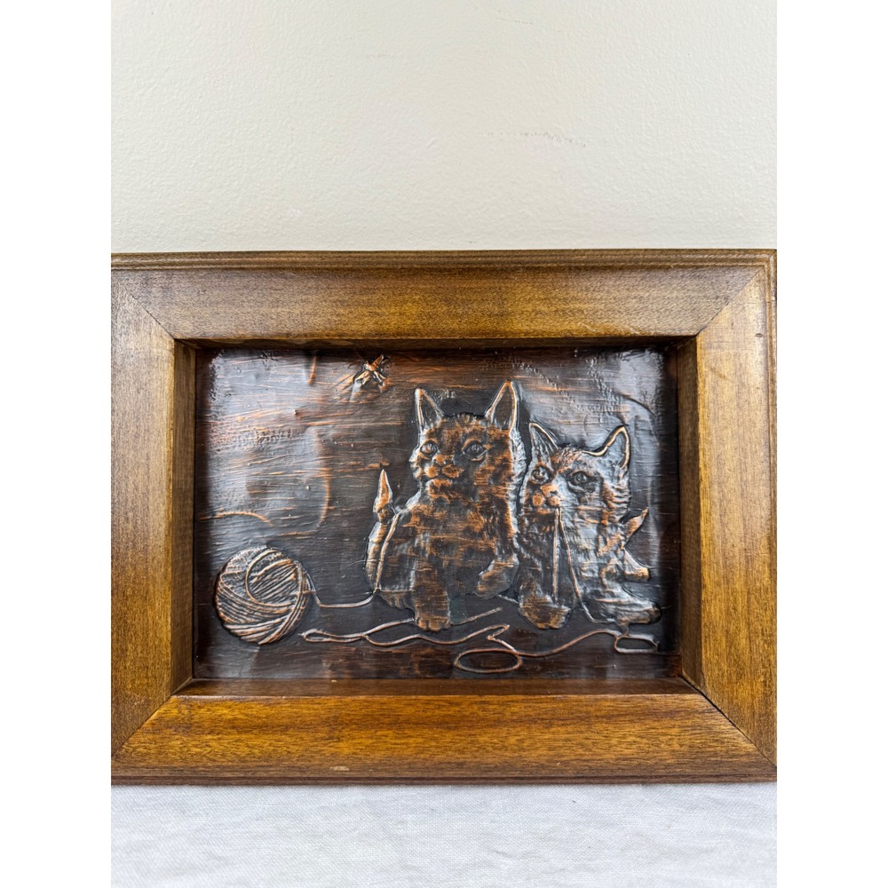 Vintage Copper Relief Kitten‎ Art Framed Embossed Metal Cat Folk Art 10.5x8.5